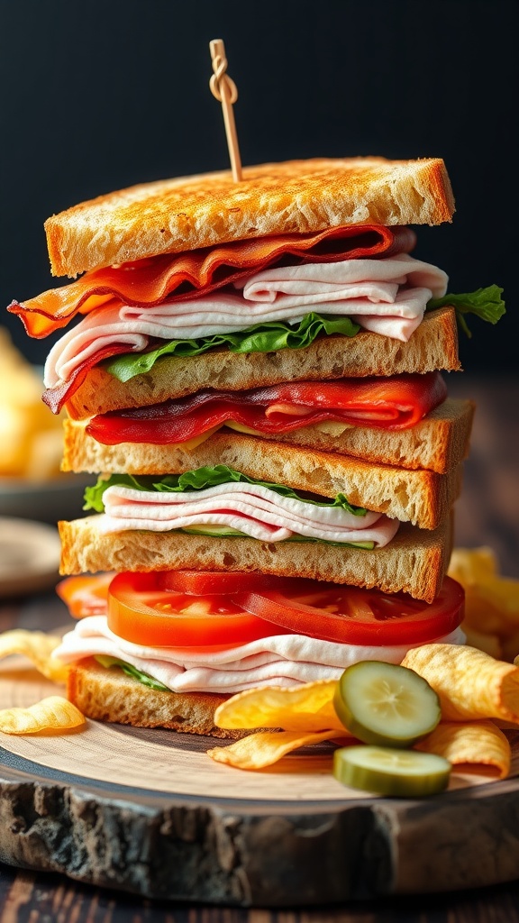 A delicious club sandwich with bacon, turkey, lettuce, tomatoes on toasted bread, served with chips and pickles.